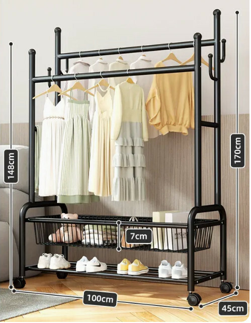 Hotly recommended multifunctional coat rack, clothes drying rack, simple hanging wardrobe, clothes drying rack [Black 100CM-double pole 25 diameter-double-layer mesh basket storage-silent wheel (can hang about 100 pieces)]