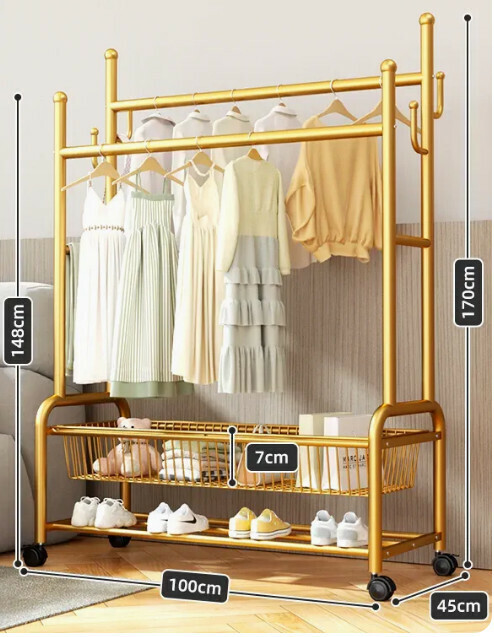 Hotly recommended multifunctional coat rack, clothes drying rack, simple hanging wardrobe, clothes drying rack [gold 100CM-double pole 25 diameter-double-layer mesh basket storage-silent wheel (can hang about 100 pieces)]