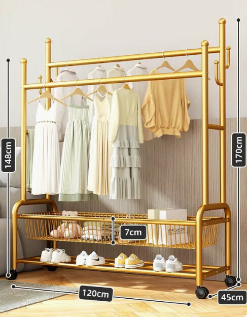 Hotly recommended multi-functional coat rack, clothes drying rack, simple hanging wardrobe, clothes drying rack [gold 120CM-double pole 25 diameter-double-layer mesh basket storage-silent wheel (can hang about 120 pieces)]