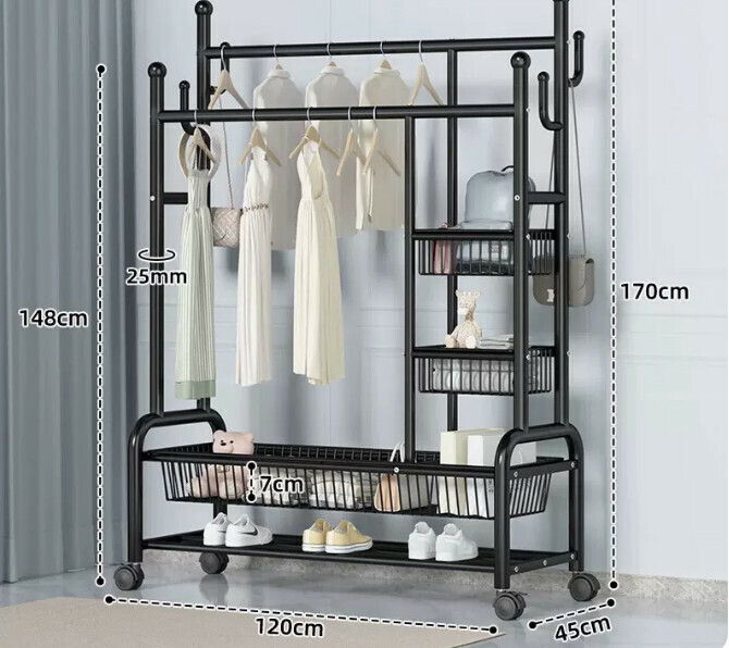 Hot recommended multifunctional coat rack, clothes drying rack, simple hanging wardrobe, clothes drying rack [(upgraded side frame model) black 120cm-double pole 25 pipe diameter-double-layer mesh basket storage]