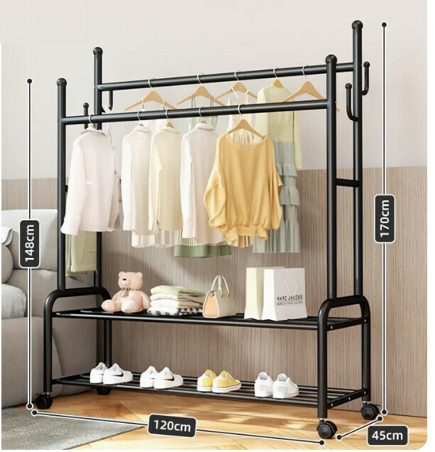 Hotly recommended multifunctional coat rack, clothes drying rack, simple hanging wardrobe, clothes drying rack [(simple model) black 120CM-double pole 25 pipe diameter-double-layer storage-silent wheel]