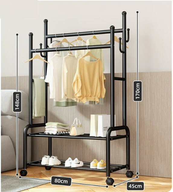 Hot recommended multifunctional coat rack, clothes drying rack, simple hanging wardrobe, clothes drying rack [Black 80CM-double pole 25 diameter-double storage-silent wheel]