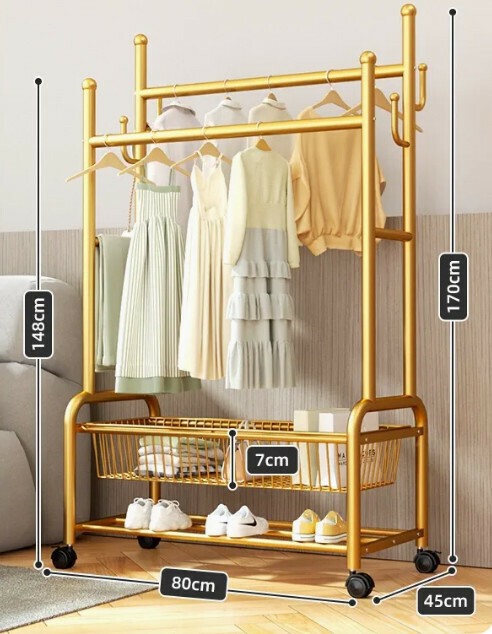 Hot recommended multifunctional coat rack, clothes drying rack, simple hanging wardrobe, clothes drying rack [gold 80CM-double pole 25 diameter-double-layer mesh basket storage-silent wheel (can hang about 80 pieces)]