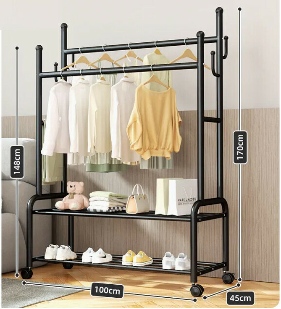 Hotly recommended multifunctional coat rack, clothes drying rack, simple hanging wardrobe, clothes drying rack [Black 100CM-double pole 25 pipe diameter-double-layer storage-silent wheel]