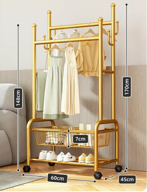 Hotly recommended multi-functional coat rack, clothes drying rack, simple hanging wardrobe, clothes drying rack [gold 60CM-double pole 25 pipe diameter-double-layer mesh basket storage-silent wheel (can hang about 60 pieces)]
