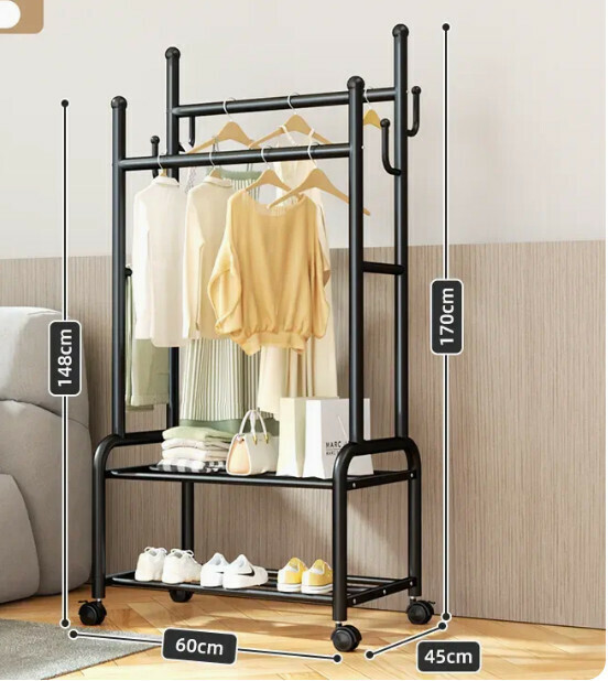 Hotly recommended multifunctional coat rack, clothes drying rack, simple hanging wardrobe, clothes drying rack [Black 60CM-double pole 25 diameter-double storage-silent wheel]