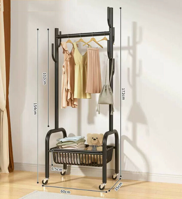 Hot recommended multifunctional coat rack, clothes drying rack, simple hanging wardrobe, clothes drying rack [[60-black] single layer storage/universal wheel*4/6 hook/special]