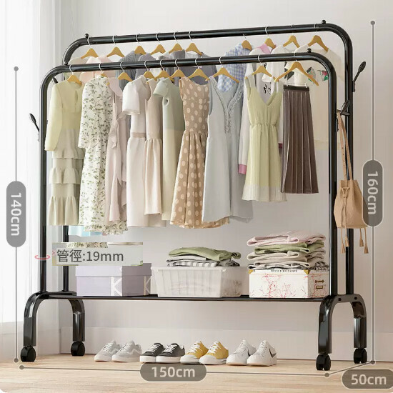 Hot recommended multifunctional coat rack, clothes drying rack, simple hanging wardrobe, clothes drying rack [large capacity] black-150cm·four hooks + single layer net + wheel [size: (large)]