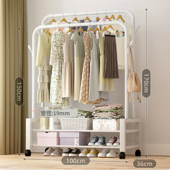 Hotly recommended multifunctional coat rack, clothes drying rack, simple hanging wardrobe, clothes drying rack [classic style] white-105cm·four hooks + double-layer net + wheels [size: (large)]