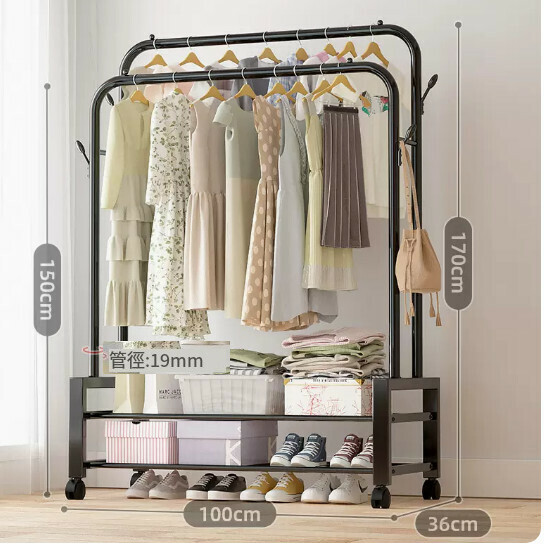 Hotly recommended multi-functional coat rack, clothes drying rack, simple hanging wardrobe, clothes drying rack [classic style] black-105cm·four hooks + double-layer net + wheels [size: (large)]