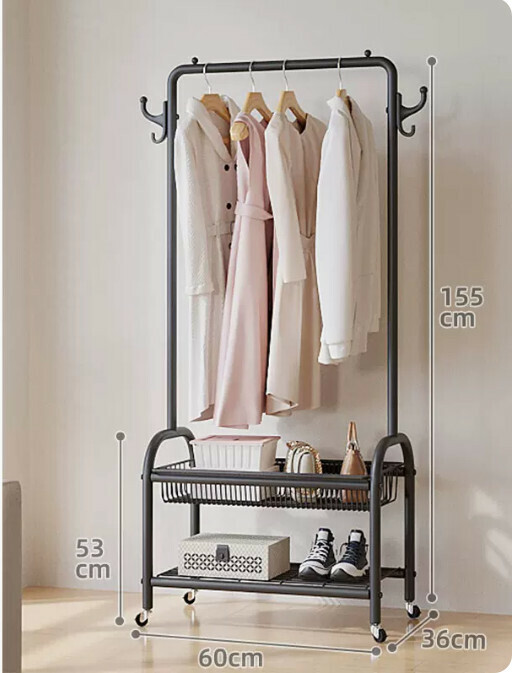 Hot recommended multifunctional coat rack, clothes drying rack, simple hanging wardrobe, clothes drying rack [upgraded model [60cm cool black] reinforced and thickened double layer]
