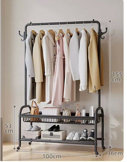 Hot recommended multifunctional coat rack, clothes drying rack, simple hanging wardrobe, clothes drying rack [upgraded model [100cm cool black] reinforced and thickened double layer]