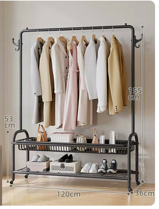 Hot recommended multifunctional coat rack, clothes drying rack, simple hanging wardrobe, clothes drying rack [upgraded model [120cm cool black] reinforced and thickened double layer]