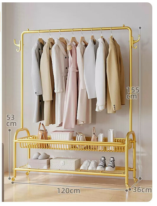 Hotly recommended multifunctional coat rack, clothes drying rack, simple hanging wardrobe, clothes drying rack [upgraded model [120cm light luxury gold] reinforced and thickened double layer]