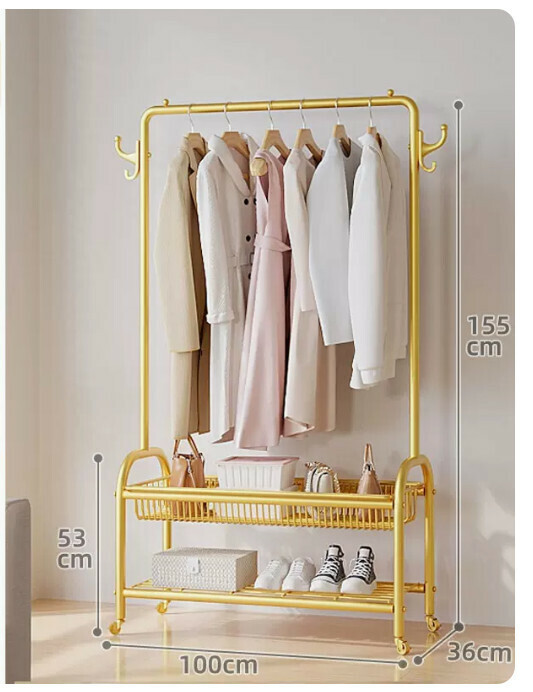 Hotly recommended multifunctional coat rack, clothes drying rack, simple hanging wardrobe, clothes drying rack [upgraded model [100cm light luxury gold] reinforced and thickened double layer]