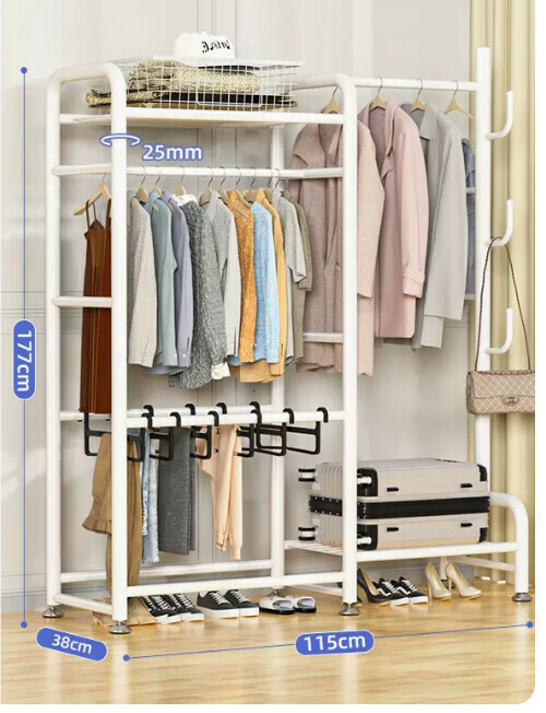 Hotly recommended multifunctional coat rack, clothes drying rack, simple hanging wardrobe, clothes drying rack [Haoyuefeng 115cm double pole with top, exclusive four-in-one, super storage]