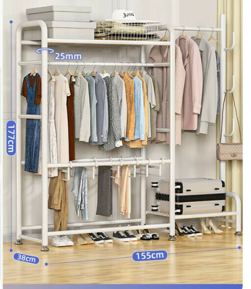 Hotly recommended multifunctional coat rack, clothes drying rack, simple hanging wardrobe, clothes drying rack [Haoyuefeng 155cm double pole with top, exclusive four-in-one, super storage]