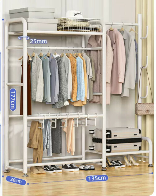 Hotly recommended multifunctional coat rack, clothes drying rack, simple hanging wardrobe, clothes drying rack [Haoyuefeng 135cm double pole with top, exclusive four-in-one, super storage]