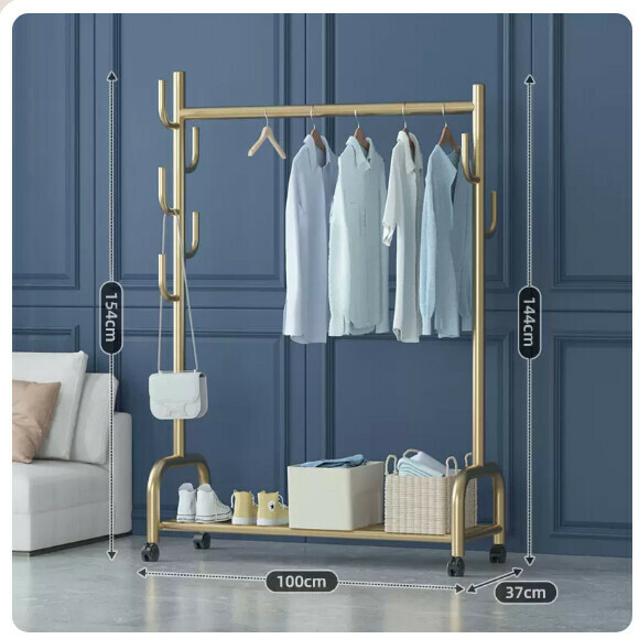 Popular multi-functional clothes drying rack, coat rack, hanging rack, simple hanging wardrobe, clothes drying rack [upgraded bold multi-hook version-100cm-single layer gold] [size: (large)]