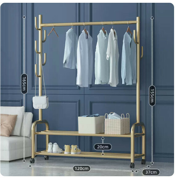 Popular multi-functional clothes drying rack, coat rack, hanging rack, simple hanging wardrobe, clothes drying rack [upgraded bold multi-hook version-120cm-double-layer gold] [size: (large)]