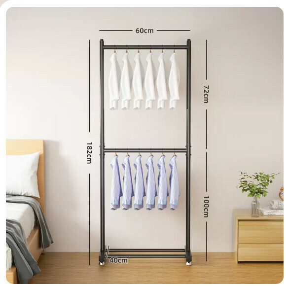 Popular multifunctional coat rack, clothes drying rack, simple hanging wardrobe, clothes drying rack [Classic Black - 60CM [Thick pipe diameter 25mm] Two layers of clothes hanging + adjustable feet - can hang 15 pieces of clothes] [Size: (Large)]