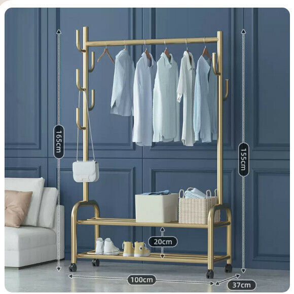 Popular multi-functional clothes drying rack, coat rack, hanging rack, simple hanging wardrobe, clothes drying rack [upgraded bold multi-hook version-100cm-double-layer gold] [size: (large)]