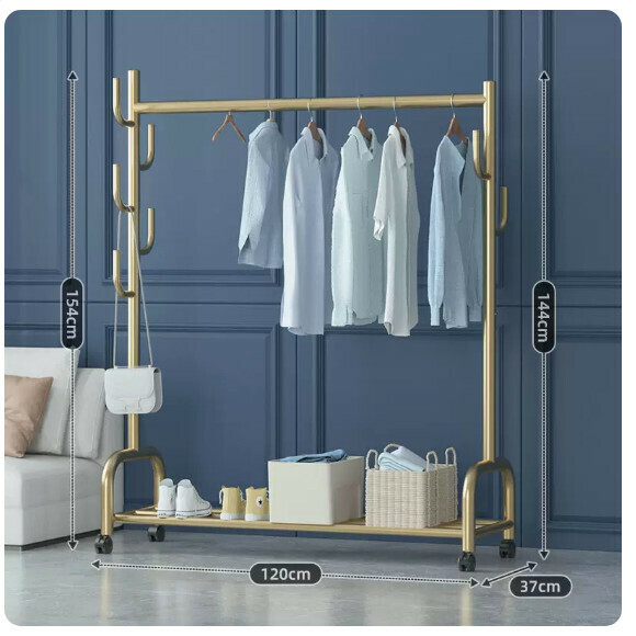 Popular multi-functional clothes drying rack, coat rack, hanging rack, simple hanging wardrobe, clothes drying rack [upgraded bold multi-hook version-120cm-single layer gold] [size: (large)]