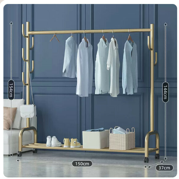 Popular multi-functional clothes drying rack, coat rack, hanging rack, simple hanging wardrobe, clothes drying rack [upgraded bold multi-hook version - 150cm - single layer gold] [size: (large)]