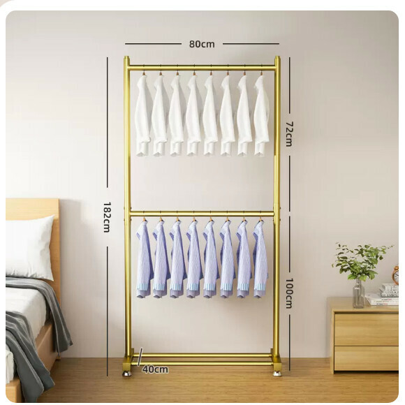 Popular multifunctional coat rack, clothes drying rack, simple hanging wardrobe, clothes drying rack [Fashion Gold-80CM [Thickened Pipe Diameter 25mm] Two-layer Clothes Hanging + Adjustable Feet - Can Hang 20 Clothes] [Size: (Large)]