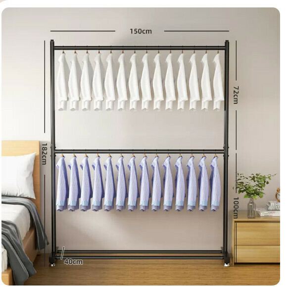 Popular multifunctional coat rack, clothes drying rack, simple hanging wardrobe, clothes drying rack [Classic Black - 150CM [Thick pipe diameter 25mm] Two layers of clothes hanging + adjustable feet - can hang 40 pieces of clothes] [Size: (Large)]