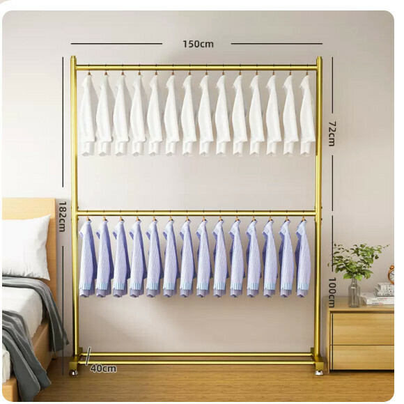 Popular multi-functional coat rack, clothes drying rack, simple hanging wardrobe, clothes drying rack [Fashion Gold-150CM [Thick pipe diameter 25mm] Two layers of clothes hanging + adjustable feet - can hang 40 pieces of clothes] [Size: (Large)]