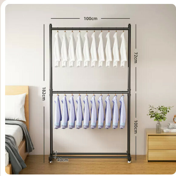 Popular multi-functional coat rack, clothes drying rack, simple hanging wardrobe, clothes drying rack [Classic Black - 100CM [Thick pipe diameter 25mm] Two layers of clothes hanging + adjustable feet - can hang 25 pieces of clothes] [Size: (Large)]