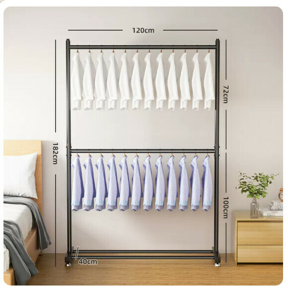 Popular multifunctional coat rack, clothes drying rack, simple hanging wardrobe, clothes drying rack [Classic Black - 120CM [Thick pipe diameter 25mm] Two layers of clothes hanging + adjustable feet - can hang 30 pieces of clothes] [Size: (Large)]