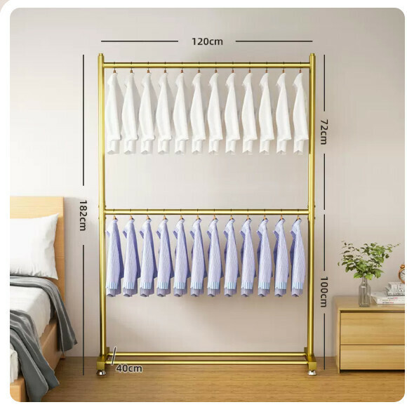 Popular multi-functional coat rack, clothes drying rack, simple hanging wardrobe, clothes drying rack [Fashion Gold-120CM [Thick pipe diameter 25mm] Two layers of clothes hanging + adjustable feet - can hang 30 pieces of clothes] [Size: (Large)]