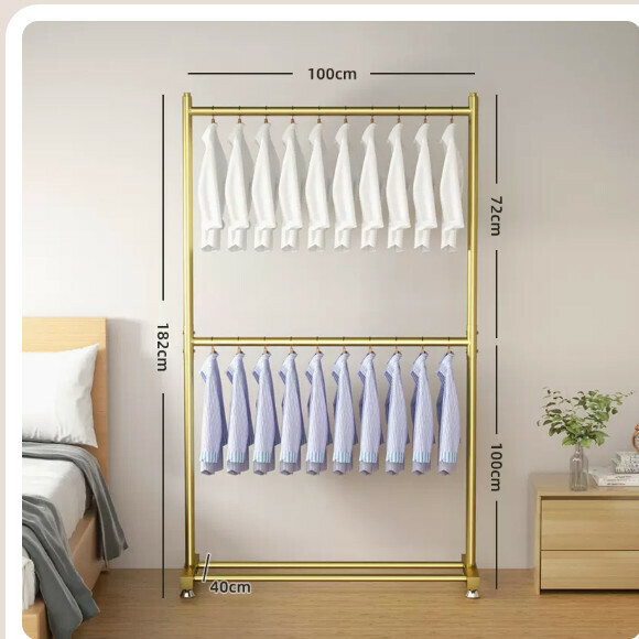 Popular multifunctional coat rack, clothes drying rack, simple hanging wardrobe, clothes drying rack [Fashion Gold-100CM [Thick pipe diameter 25mm] Two layers of clothes hanging + adjustable feet - can hang 25 pieces of clothes] [Size: (Large)]