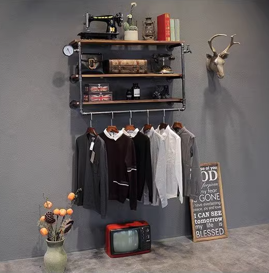 Popular iron water pipe coat rack wall-mounted storage display rack (black, retro three-layer, 100cm)