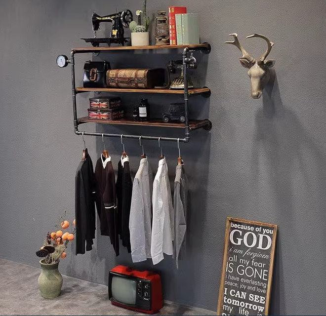 Popular iron water pipe coat rack wall-mounted storage display rack (black, retro three-layer, 60cm)
