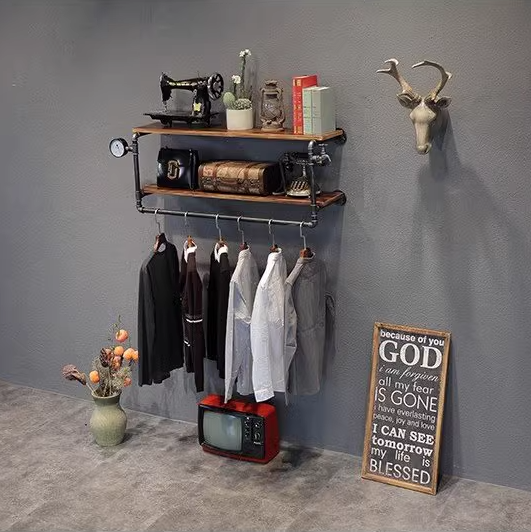 Popular iron water pipe coat rack wall-mounted storage display rack (black, retro two-story, 60cm)