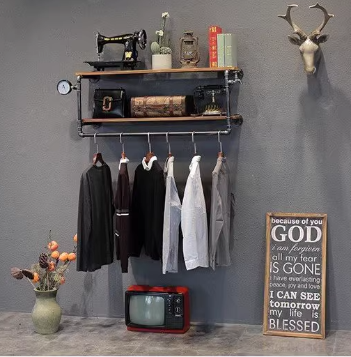 Popular art water pipe coat rack wall-mounted storage display rack (black, retro two-story, 100cm)