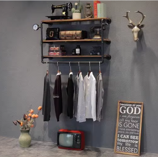 Popular iron water pipe coat rack wall-mounted storage display rack (black, classic black three-layer, 60cm)