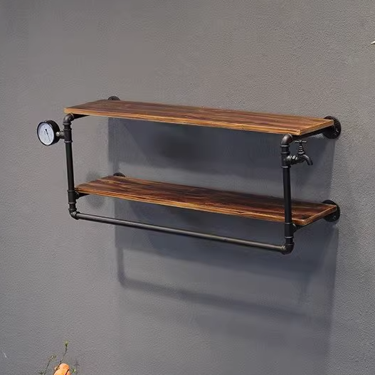 Popular iron water pipe coat rack wall-mounted storage display rack (black, classic elegant black two-layer, 60cm)