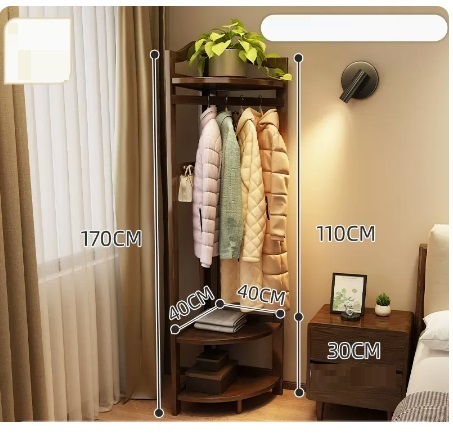 Popular multifunctional coat rack (walnut color, classic corner style 170*110*40CM)