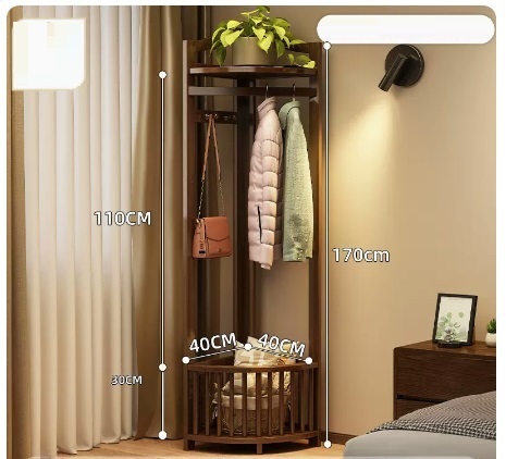 Popular multifunctional coat rack (walnut color, mesh pocket corner style 110*170*40CM)