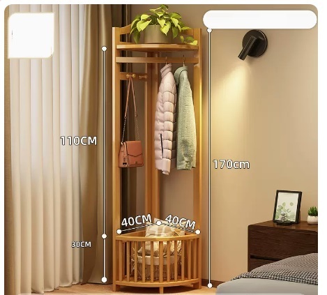 Popular multifunctional coat rack (wood color, mesh pocket corner style, 110*170*40CM)