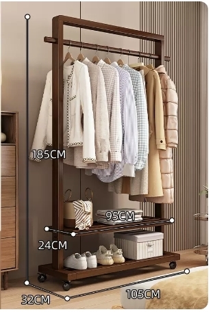 Popular floor-standing solid wood coat rack (high-end wheeled and elevated model - walnut color 105CM)