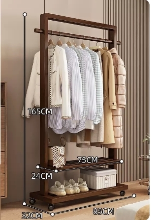 Popular floor-standing solid wood coat rack (high-end wheeled model - walnut color 85CM)