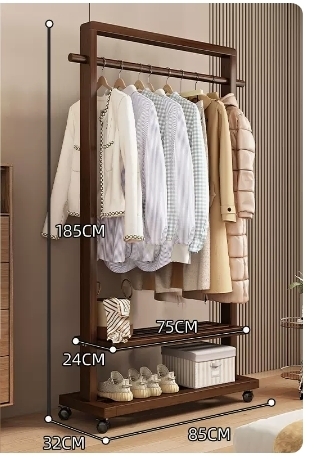 Popular floor-standing solid wood coat rack (high-end wheeled and elevated model - walnut color 85CM)