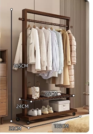 Popular floor-standing solid wood coat rack (high-end wheeled model-walnut color 105CM)