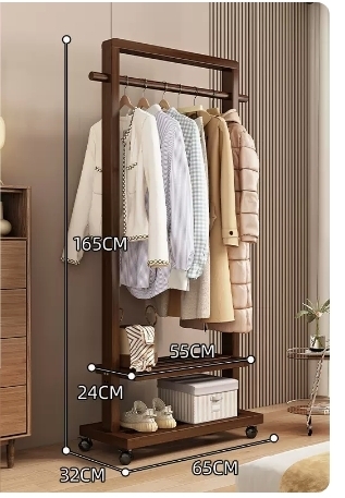 Popular floor-standing solid wood coat rack (high-end wheeled model - walnut color 65CM)