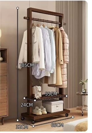 Popular floor-standing solid wood coat rack (high-end wheeled and elevated model - walnut color 65CM)